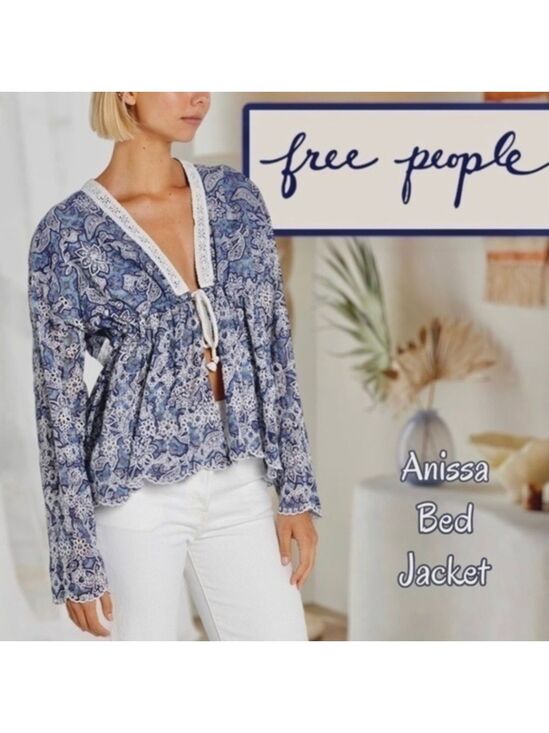 Free People Tops - FREE PEOPLE NWT Anissa Floral-Print Eyelet/Embroidered Tie-Front Bed Jacket/Lg